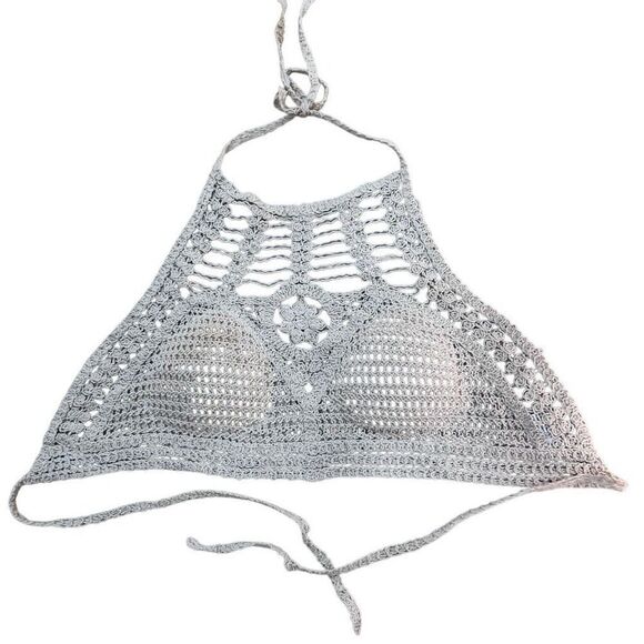 Rebellion Again Crop Top Women's Medium Ecru Crochet Macrame Halter Tie Boho - Picture 10 of 15